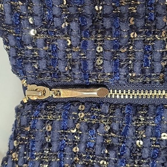WHBM classic blue glitter tweed sheath dress Gold buttons on shoulder - Picture 8 of 11